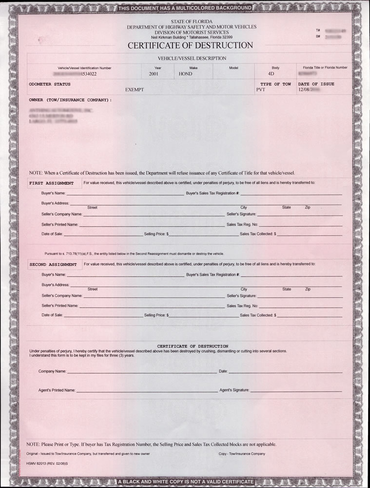 certificate of destruction title